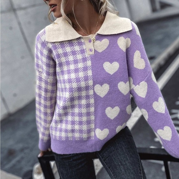 Unbranded Sweaters - Kawaii Colorblock Womens Large Heart Plaid Purple Collar Sweater